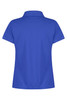 A blue polo shirt with a standard collar and short sleeves, featuring a logo on the back.