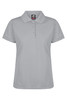 A light grey polo shirt with a collar and three buttons, featuring a branding logo.