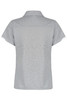 A grey polo shirt featuring a classic collar and a logo. The design includes short sleeves with contrasting details.