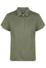A green polo shirt with short sleeves and a collar, featuring a logo on the chest.