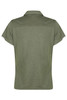 A green polo shirt with a collar and short sleeves, featuring a logo on the back.
