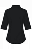 A black button-up shirt with 3/4 sleeves, featuring a classic collar and fitted design. Includes a logo.