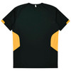 A T-shirt featuring a dark green body with yellow accents on the sides and back. It has a logo.