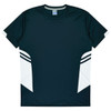 A dark green T-shirt with white side panels and stripes. It features a logo on the neckline.