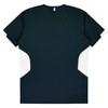 A dark green T-shirt featuring white detailing on the sides, with a logo on the back.
