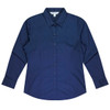 A navy long sleeve button-up shirt with a collar and a logo on the label.
