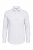 A long-sleeve button-up shirt in white with a pocket and a collar. It features a logo brand.