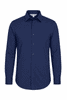 A navy blue long sleeve button-up shirt with a single chest pocket and a logo.