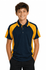 A navy and yellow polo shirt featuring a logo, designed for kids, with a sporty style and a comfortable fit.