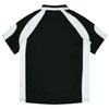 A black and white kids' polo shirt featuring a sporty design and a logo on the front.