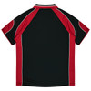 A black and maroon polo shirt featuring contrast piping and a sleek design on the back. It has a logo.