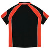 A black and red polo shirt featuring contrasting stitching and a logo on the back.