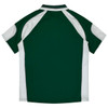 A green and white polo shirt featuring short sleeves and a collared neckline. It has a logo on the back.