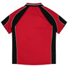 A red and black polo shirt featuring short sleeves and a contrasting design, with a logo on the front.