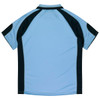 A polo shirt in light blue with black accents and a logo on the back.
