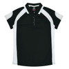 A black and white polo shirt with a collar and short sleeves. Features a logo on the front.