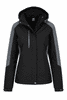 A black and grey jacket with a hood, featuring zip pockets and a logo. Suitable for various weather conditions.