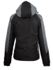 A black and grey jacket with a hood and a logo on the back. Suitable for various outdoor activities.
