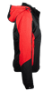 A black jacket with red accents, featuring a hood and zippered pockets, presented from the side.
