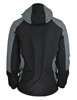 A men's jacket featuring a predominantly black design with grey accents and a hood, showcasing the back view.