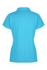 A blue polo shirt with a textured pattern and a collar, featuring a logo on the design.