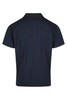 A navy blue men's polo shirt featuring a collar and a logo on the back.