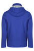 A blue children's jacket featuring a hood, designed with a smooth exterior and an interior lining.