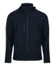 A navy jacket with a hood, featuring zippered pockets and a sleek design, includes a logo.