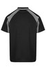 A black polo shirt with grey accents, featuring a logo on the back and short sleeves.