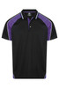 A black polo shirt featuring purple accents and white piping, with a collar and a logo on the chest.