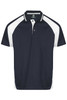 A navy blue polo shirt with white accents and a logo on the chest. Features a classic collar and short sleeves.