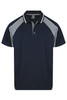 A navy blue polo shirt featuring grey accents and a logo on the chest.