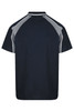 A short-sleeved navy polo shirt with grey accents, featuring a logo on the chest area.
