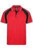 A red polo shirt with black and white accents and a logo on the chest area.