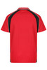 A red men's polo shirt featuring black accents and a logo on the back.