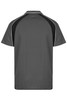 A grey polo shirt featuring black side panels and a logo. The back view showcases a simple design.