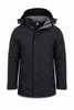 A black jacket with a hood and grey lining, featuring buttons and a logo on the chest.