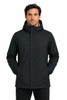A black men's jacket with a hood, featuring a logo, and a front zip and button closure.
