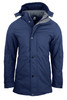 A navy men's jacket with a hood, featuring a grey-lined interior and front buttons, displaying a logo.