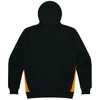 A black hoodie with yellow side panels and a hood. It features a logo on the design.