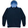 A navy blue hoodie featuring light blue accents and a front pocket, with a hood and a logo present.