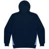A navy hoodie with contrasting light blue side panels and a hood, featuring a logo on the front.