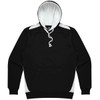 A black hoodie with white accents and a drawstring hood. Includes a front pocket and has a logo.
