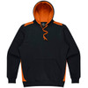 A black hoodie with orange accents and a front pocket, featuring a drawstring hood and a logo.