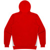 A red hoodie with a hood, featuring a plain back and side detailing. It has a logo.
