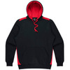 A black hoodie with red accents, featuring a front pocket and a drawstring hood. It has a logo on the chest.