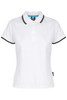 A white polo shirt featuring short sleeves and contrasting trim, with a logo on the front.