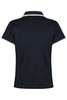 A navy polo shirt with a collar and contrasting white accents, featuring a branding logo.