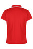 A red polo shirt with a white collar and sleeve detailing, featuring a logo on the front.