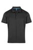 A black polo shirt with a collared neckline and button placket, featuring a logo on the chest.